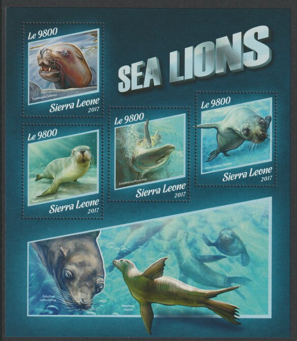 Sierra Leone 2017 Sea Lions perf sheetlet containing 4 values unmounted mint, stamps on marine life, stamps on sea lions
