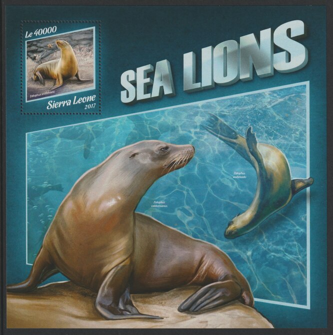Sierra Leone 2017 Sea Lions large perf deluxe sheet containing one value unmounted mint, stamps on marine life, stamps on sea lions