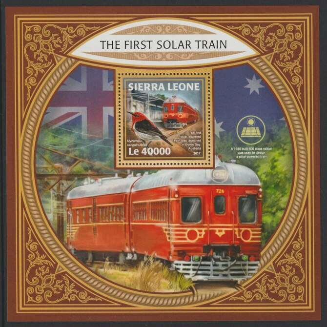 Sierra Leone 2017 First Solar Train large perf deluxe sheet containing one value unmounted mint, stamps on railways