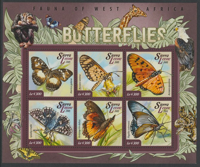 Sierra Leone 2017 Butterflies #4 perf sheetlet containing 6 values unmounted mint, stamps on butterflies