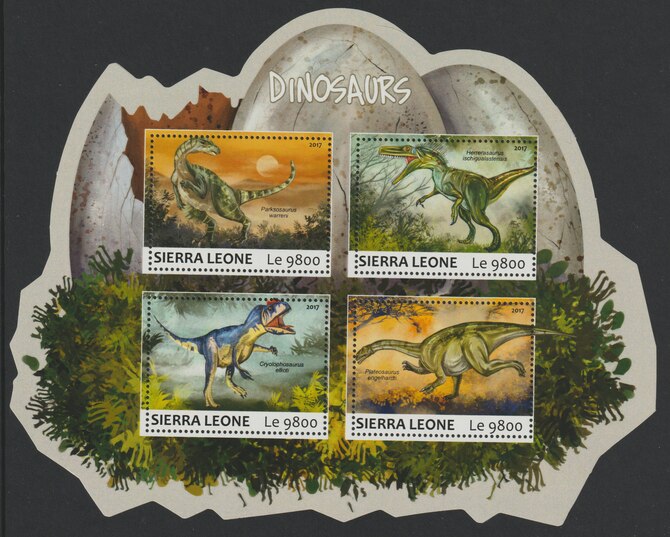 Sierra Leone 2017 Dinosaurs #3 perf shaped sheetlet containing 4 values unmounted mint, stamps on dinosaurs, stamps on shaped