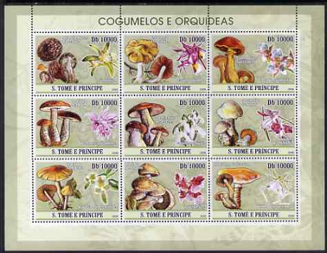 St Thomas & Prince Islands 2008 Mushrooms & Orchids perf sheetlet containing 9 values unmounted mint, stamps on , stamps on  stamps on flowers, stamps on  stamps on fungi, stamps on  stamps on orchids