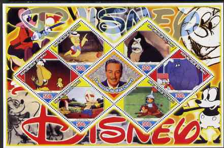 Mali 2006 The World of Walt Disney #10 perf sheetlet containing 6 diamond shaped values plus label, unmounted mint, stamps on disney, stamps on films, stamps on cinema, stamps on movies, stamps on cartoons, stamps on elephants
