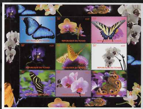 Chad 2008 Butterflies & Orchids perf sheetlet containing set of 9 values unmounted mint. Note this item is privately produced and is offered purely on its thematic appeal. , stamps on butterflies, stamps on orchids, stamps on flowers