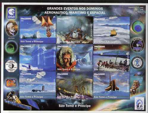 St Thomas & Prince Islands 2006 Great Events in Aviation, Maritime & Space perf set of 9 unmounted mint. Note this item is privately produced and is offered purely on its thematic appeal, stamps on aviation, stamps on balloons, stamps on ships, stamps on polar, stamps on submarines, stamps on penguins, stamps on explorers, stamps on verne, stamps on space, stamps on 