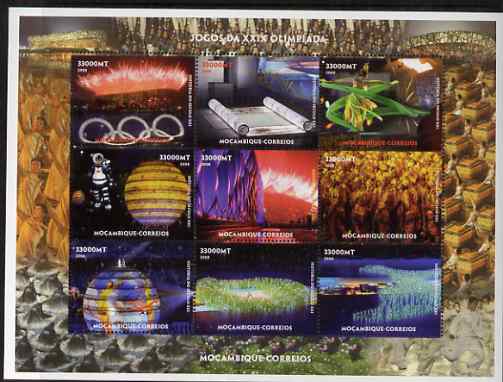Mozambique 2008 Beijing Olympic Games perf sheetlet containing set of 9 values unmounted mint, stamps on olympics, stamps on stadia, stamps on 