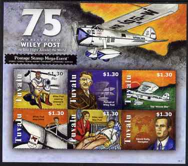Tuvalu 2008 75th Anniversary of Wiley Post (aviator) perf sheetlet containing 6 values unmounted mint , stamps on personalities, stamps on aviation, stamps on  oil , stamps on 