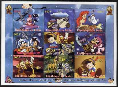 Benin 2008 Beijing Olympics - Disneys Bambi, Pinocchio etc perf sheetlet containing 8 values plus label unmounted mint. Note this item is privately produced and is offere..., stamps on olympics, stamps on disney, stamps on space