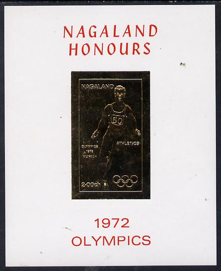 Nagaland 1972 Olympics (Athletics) 2ch value imperf in gold on glossy card, stamps on olympics  sport