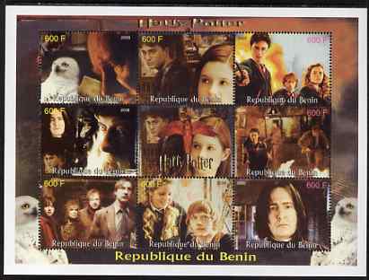 Benin 2008 Harry Potter perf sheetlet containing 8 values plus label unmounted mint , stamps on films, stamps on movies, stamps on cinema, stamps on owls, stamps on birds of prey, stamps on harry potter, stamps on 