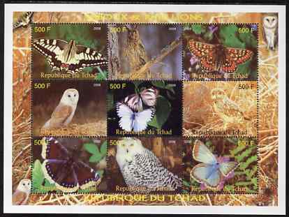 Chad 2008 Butterflies & Owls perf sheetlet containing 9 values unmounted mint , stamps on butterflies, stamps on owls, stamps on birds, stamps on birds of prey