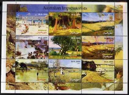 Somalia 2001 Australian Impressionists perf sheetlet containing set of 9 values unmounted mint. Note this item is privately produced and is offered purely on its thematic..., stamps on arts, stamps on 