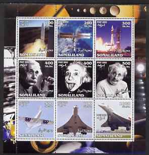 Somaliland 2002 Space, Einstein & Concorde perf sheetlet containing set of 9 values unmounted mint, stamps on aviation, stamps on concorde, stamps on space, stamps on rockets, stamps on satellites, stamps on einstein, stamps on personalities, stamps on physics, stamps on nobel, stamps on judaica, stamps on science, stamps on personalities, stamps on einstein, stamps on science, stamps on physics, stamps on nobel, stamps on maths, stamps on space, stamps on judaica, stamps on atomics