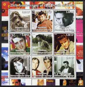 Congo 2002 25th Death Anniversary of Elvis Presley #2 perf sheetlet containing 9 values unmounted mint. Note this item is privately produced and is offered purely on its thematic appeal, stamps on entertainments, stamps on films, stamps on cinema, stamps on elvis, stamps on music
