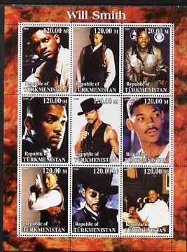 Turkmenistan 2000 Will Smith perf sheetlet containing 9 values unmounted mint. Note this item is privately produced and is offered purely on its thematic appeal, stamps on personalities, stamps on entertainments, stamps on music, stamps on pops, stamps on films, stamps on cinema