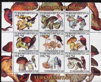 Turkmenistan 2000 Birds & Mushrooms perf sheetlet containing 9 values unmounted mint, stamps on birds, stamps on fungi