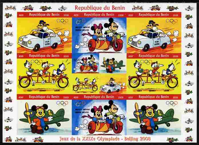 Benin 2009 Beijing Olympics #3 - Disney Characters (Transport) imperf sheetlet containing 8 values plus label unmounted mint. Note this item is privately produced and is offered purely on its thematic appeal, stamps on olympics, stamps on disney, stamps on transport, stamps on aviation, stamps on bicycles, stamps on cars, stamps on motorbikes