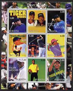 Buriatia Republic 2001 Tiger Woods perf sheetlet containing 9 values unmounted mint , stamps on personalities, stamps on golf, stamps on tiger woods, stamps on sport, stamps on tigers