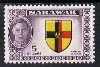 Sarawak 1950 KG6 $5 Arms of Colony very fine mounted mint, SG 185, stamps on heraldry, stamps on arms, stamps on  kg6 , stamps on 