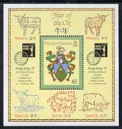 Pitcairn Islands 1997 Hong Kong 97 Stamp Exhibition - Year of the Ox perf m/sheet unmounted mint SG MS510, stamps on , stamps on  stamps on stamp exhibitions, stamps on  stamps on animals, stamps on  stamps on ovine, stamps on  stamps on  ox , stamps on  stamps on arms, stamps on  stamps on heraldry