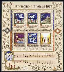 St Vincent 1978 Christmas (While Shepherds Watched) m/sheet opt'd Specimen unmounted mint, as SG MS 550, stamps on christmas, stamps on angels, stamps on music
