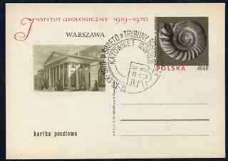 Poland 1970 Institute of Geology 40gr p/stat card showing an ammonite used with pictorial cancel, stamps on geology, stamps on shells, stamps on 