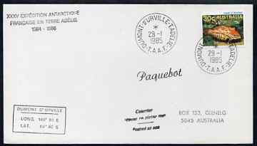 Australia used in French Southern & Antarctic Territories 1985 Paquebot cover carried on Dumont D'Urville for 35th Antarctic Expedition, with paquebot and ship's cachets, stamps on paquebot, stamps on polar
