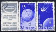 Rumania 1957 Launching of Artificial Satellite 25b & 3L75 blue se-tenant with label fine cds used, SG 2545a, stamps on space, stamps on communications, stamps on globes
