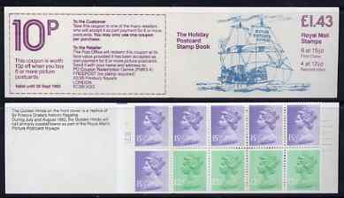 Great Britain 1982 Holiday Postcard Book (The Golden Hinde) Â£1.43 booklet complete with cyl number in margin at left SG FN3A, stamps on ships, stamps on drake, stamps on explorers