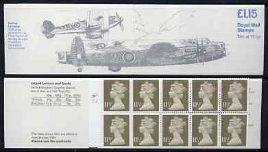 Great Britain 1979-81 Military Aircraft #5 (Spitfire & Lancaster) Â£1.15 folded booklet with cyl number in margin at left SG FI1A, stamps on aviation, stamps on spitfire, stamps on lancaster, stamps on  ww2 , stamps on 