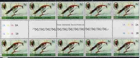 Sierra Leone 1980-82 Birds - Didric Cuckoo 7c (with 1982 imprint date) inter-paneau block of 10 (5 gutter pairs) unmounted mint SG 626B*, stamps on birds, stamps on cuckoo