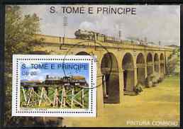 St Thomas & Prince Islands 1989 Railway Locos (Philippines) perf m/sheet fine cto used, stamps on railways, stamps on bridges
