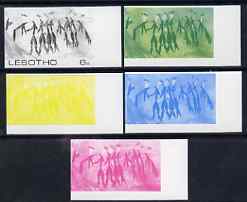 Lesotho 1983 Dancers in a Trance (Rock Paintings) 6s value the set of 5 imperf progressive proofs comprising the 4 individual colours plus blue & Yellow composite, unmoun..., stamps on arts, stamps on dancing, stamps on minerals