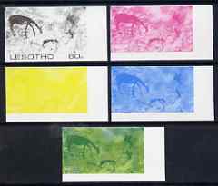 Lesotho 1983 Hunters attacking Reedbuck (Rock Paintings) 60s value the set of 5 imperf progressive proofs comprising the 4 individual colours plus blue & Yellow composite..., stamps on animals, stamps on arts, stamps on hunting