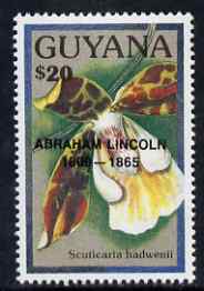 Guyana 1990 (?) Abraham Lincoln opt on $20.00 orchid (Scuticaria h) from World Personalities overprints, unmounted mint as SG type 465, stamps on personalities, stamps on orchids, stamps on flowers, stamps on constitutions, stamps on americana, stamps on presidents