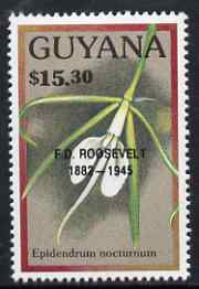 Guyana 1990 (?) F D Roosevelt opt on $15.30 orchid (Epidendrum n) from World Personalities overprints, unmounted mint as SG type 465, stamps on personalities, stamps on orchids, stamps on flowers, stamps on constitutions, stamps on americana, stamps on presidents, stamps on nato