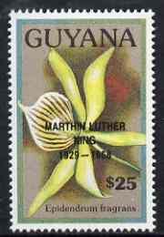 Guyana 1990 (?) Martin Luther King opt on $25.00 orchid (Epidendrum f) from World Personalities overprints, unmounted mint as SG type 465, stamps on personalities, stamps on orchids, stamps on flowers, stamps on constitutions, stamps on human rights