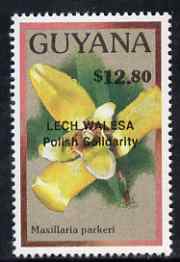Guyana 1990 (?) Lech Walesa opt on $12.80 orchid (Maxillaria p) from World Personalities overprints, unmounted mint as SG type 465, stamps on personalities, stamps on orchids, stamps on flowers, stamps on constitutions, stamps on human rights, stamps on nato.nobel