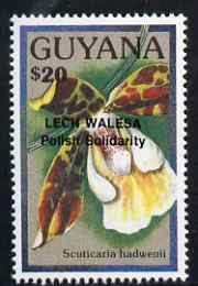 Guyana 1990 (?) Lech Walesa opt on $20.00 orchid (Scuticaria h) from World Personalities overprints, unmounted mint as SG type 465, stamps on personalities, stamps on orchids, stamps on flowers, stamps on constitutions, stamps on human rights, stamps on nato.nobel