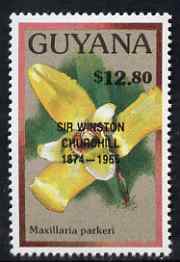 Guyana 1990 (?) Sir Winston Churchill opt on $12.80 orchid (Maxillaria p) from World Personalities overprints, unmounted mint as SG type 465, stamps on personalities, stamps on orchids, stamps on flowers, stamps on churchill, stamps on constitutions