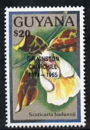 Guyana 1990 (?) Sir Winston Churchill opt on $20.00 orchid (Scuticaria h) from World Personalities overprints, unmounted mint as SG type 465, stamps on personalities, stamps on orchids, stamps on flowers, stamps on churchill, stamps on constitutions