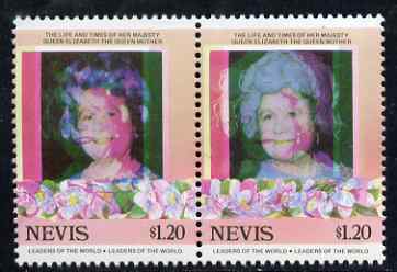 Nevis 1985 Life & Times of HM Queen Mother (Leaders of theWorld) $1.20 se-tenant pair with superb 3mm misplacement of magenta colour resulting in blurring and double portrait, unmounted mint, as SG 313avar, stamps on royalty, stamps on queen mother