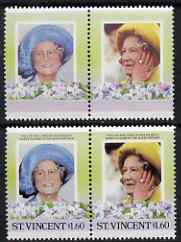 St Vincent 1985 Life & Times of HM Queen Mother (Leaders of theWorld) $1.60 se-tenant pair with black omitted (Country & value) plus normal pair, all unmounted mint, as SG 916avar, stamps on , stamps on  stamps on royalty, stamps on  stamps on queen mother