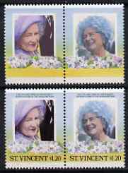 St Vincent 1985 Life & Times of HM Queen Mother (Leaders of theWorld) $1.20 se-tenant pair with black omitted (Country & value) plus normal pair, all unmounted mint, as SG 914avar, stamps on royalty, stamps on queen mother