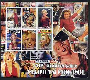 Benin 2002 40th Death Anniversary of Marilyn Monroe #03 special large imperf sheet containing 6 values unmounted mint, stamps on personalities, stamps on entertainments, stamps on films, stamps on cinema, stamps on women, stamps on marilyn monroe