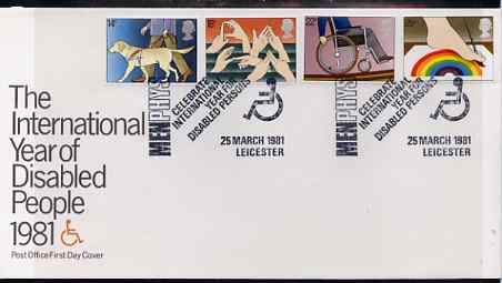 Great Britain 1981 International Year of the Disabled set of 4 on illustrated PO FDC with Menphys IYDP, Leicestershire special cancel (Bradbury 5), stamps on disabled, stamps on wheelchair, stamps on rainbow, stamps on blind