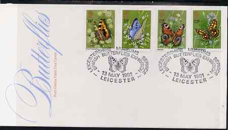 Great Britain 1981 Butterflies set of 4 on illustrated PO FDC with Leicester Museums special cancel (Bradbury 10), stamps on butterflies