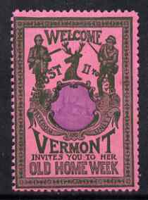 Cinderella - United States 1901 Vermont Old Home Week, perf label #1 in purple & blue on rose very fine with full gum, stamps on cinderella, stamps on hunting, stamps on fishing, stamps on deer