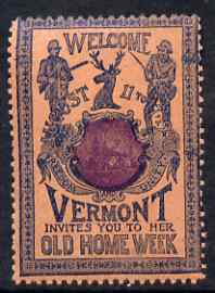Cinderella - United States 1901 Vermont Old Home Week, perf label #2 in purple & blue on salmon very fine with full gum, stamps on cinderella, stamps on hunting, stamps on fishing, stamps on deer