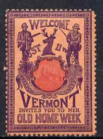 Cinderella - United States 1901 Vermont Old Home Week, perf label #3 in red & purple on salmon very fine with full gum, stamps on cinderella, stamps on hunting, stamps on fishing, stamps on deer